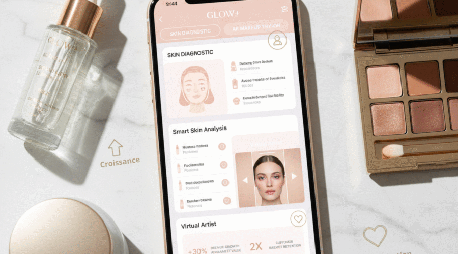 Interface application mobile cosmétique avec diagnostic peau intelligent et essai maquillage en réalité augmentée - Développée par Aora Technologies pour les boutiques de beauté