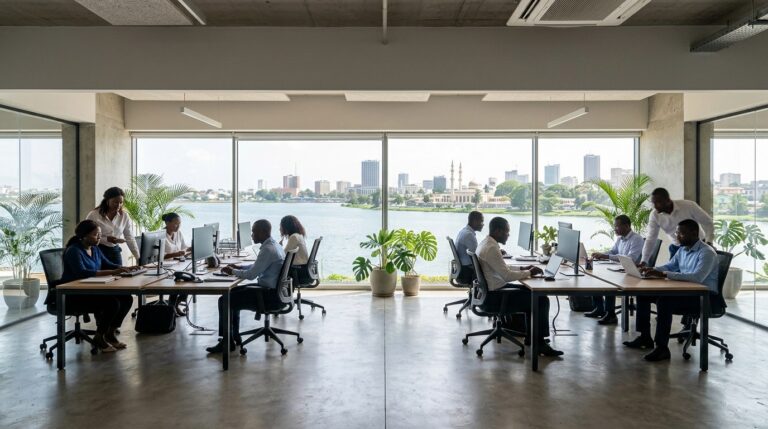 Open space d’AORA Technologies à Abidjan, avec vue sur la lagune
