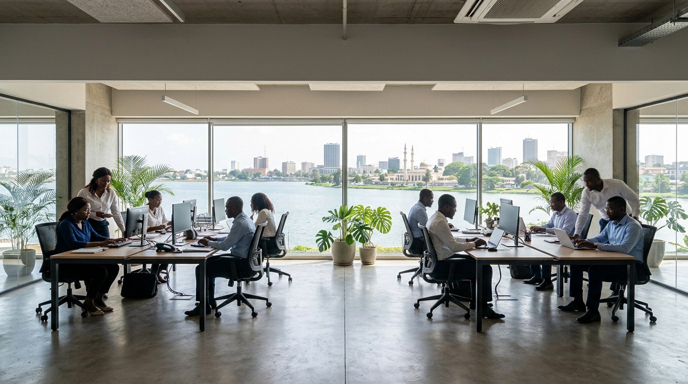 Open space d’AORA Technologies à Abidjan, avec vue sur la lagune