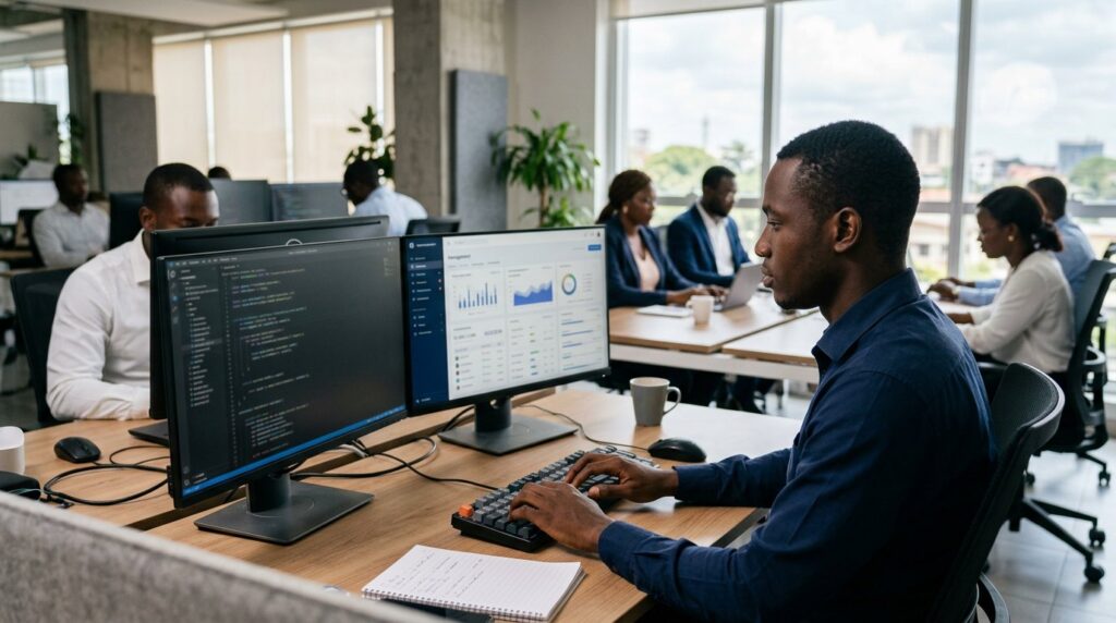 Poste de développement avec du code et une interface d’application de gestion