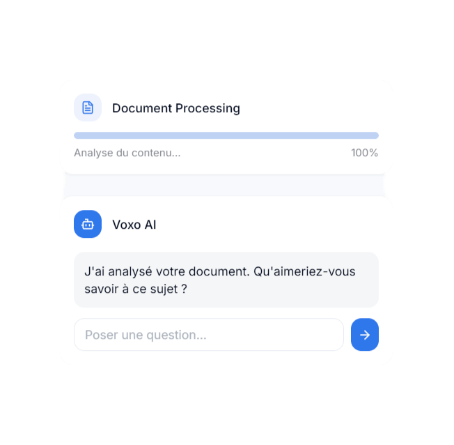 Interface de chat Voxo répondant à une question à partir d'un document analysé