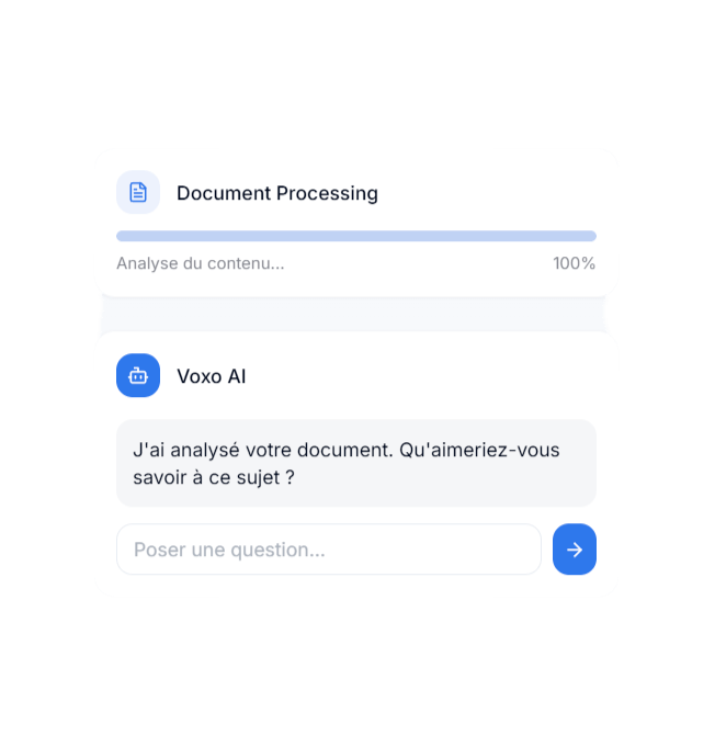 Interface de chat Voxo répondant à une question à partir d'un document analysé