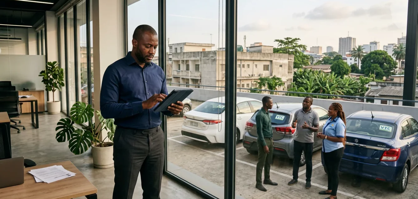 Un opérateur de VTC ivoirien consulte une tablette dans un bureau moderne à Abidjan, entouré de chauffeurs en discussion devant des véhicules garés.