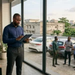 Un opérateur de VTC ivoirien consulte une tablette dans un bureau moderne à Abidjan, entouré de chauffeurs en discussion devant des véhicules garés.