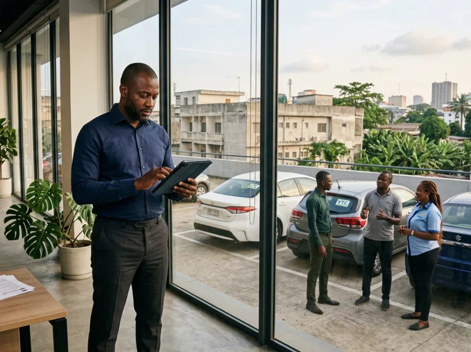 Un opérateur de VTC ivoirien consulte une tablette dans un bureau moderne à Abidjan, entouré de chauffeurs en discussion devant des véhicules garés.