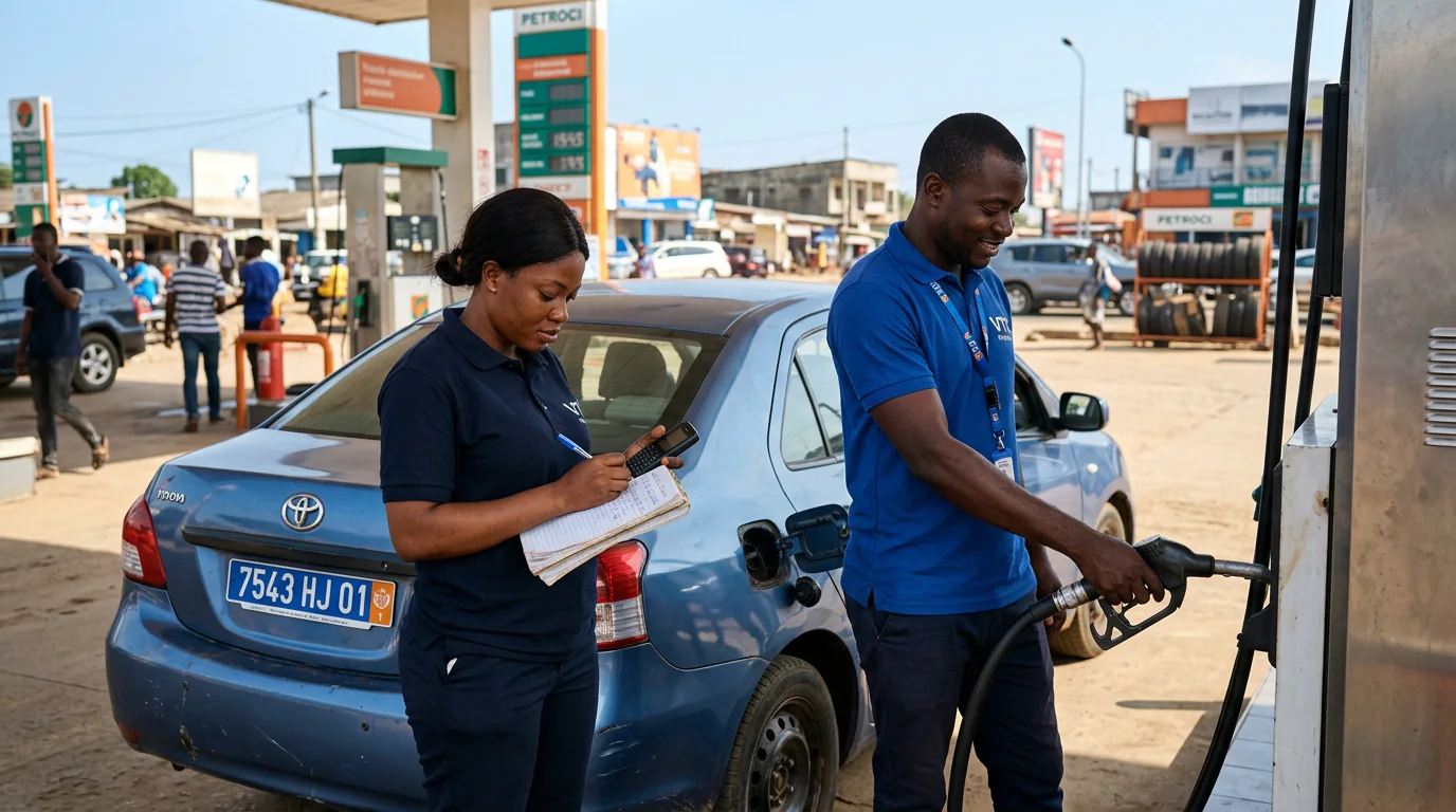 Un chauffeur de VTC ivoirien remplit un réservoir d'essence dans une station-service d'Abidjan, tandis qu'un collègue note des informations sur un carnet.