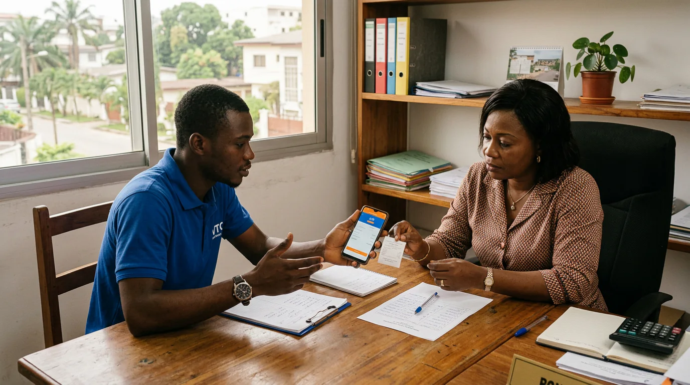 Un responsable financier ivoirien compare des relevés de paiements mobiles avec un chauffeur dans un bureau climatisé à Cocody.