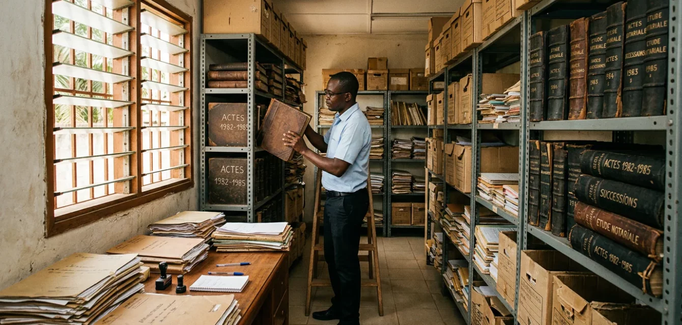 Un clerc de notaire ivoirien recherche un acte ancien dans une salle d'archives saturée de registres et de cartons, à Abidjan.