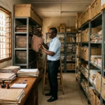 Un clerc de notaire ivoirien recherche un acte ancien dans une salle d'archives saturée de registres et de cartons, à Abidjan.