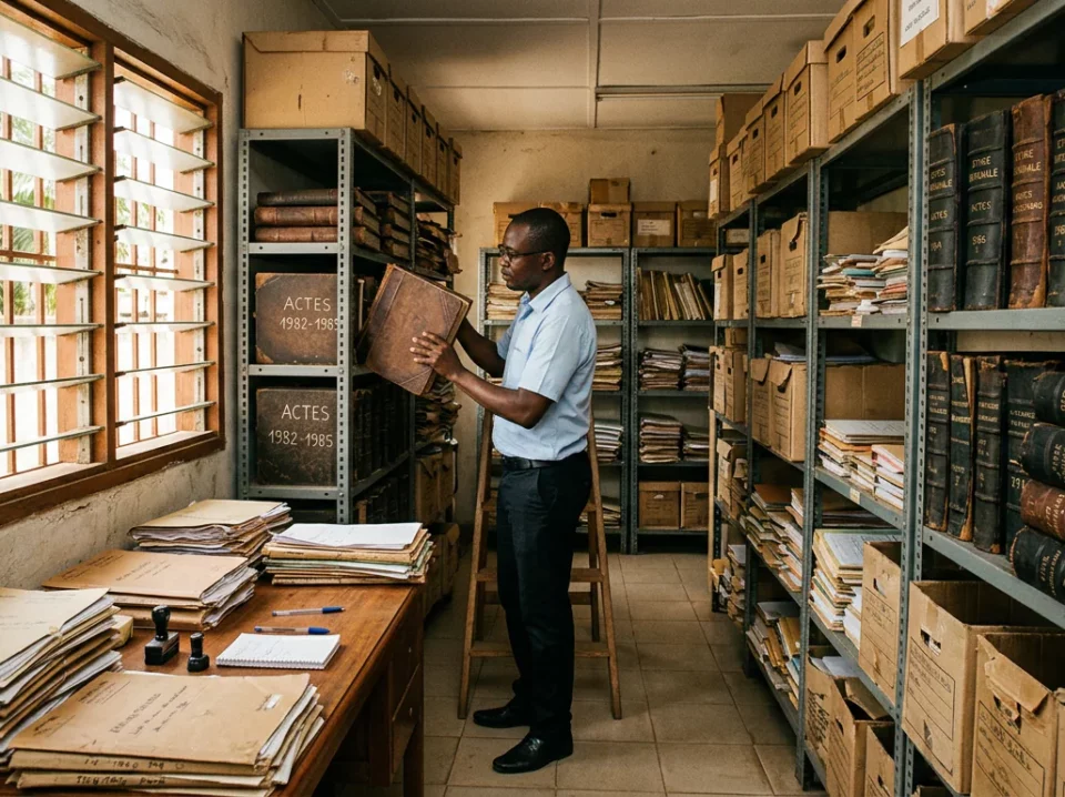 Un clerc de notaire ivoirien recherche un acte ancien dans une salle d'archives saturée de registres et de cartons, à Abidjan.