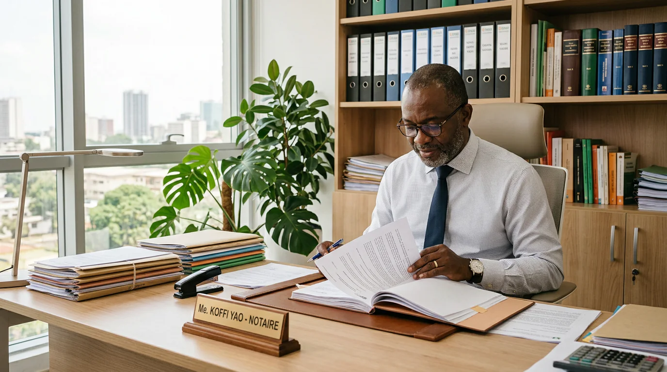 Un notaire ivoirien expérimenté consulte un dossier papier dans son bureau moderne d'Abidjan, avec des piles de documents sur son bureau.