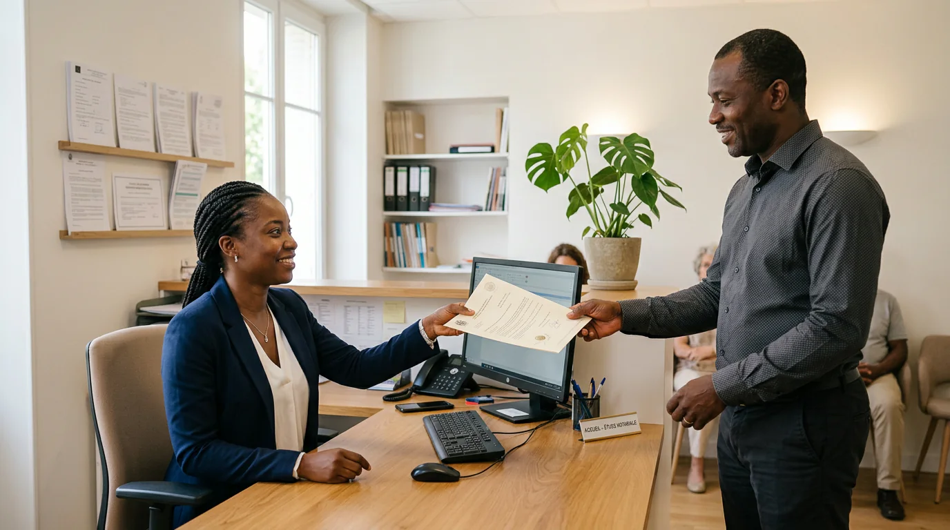 Une collaboratrice d'étude notariale remet une expédition d'acte à un client dans une salle de réception abidjanaise.