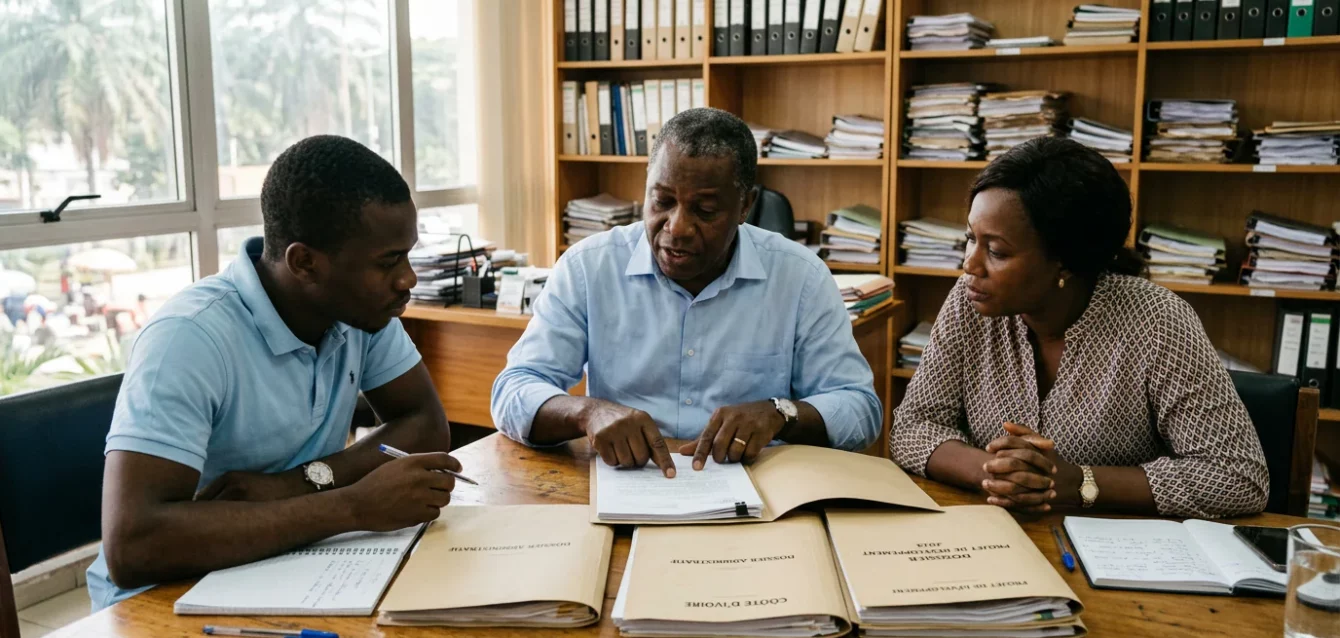 Dans un bureau lumineux d'un ministère à Abidjan, un directeur et deux collègues examinent des dossiers papier étalés sur une grande table de réunion.
