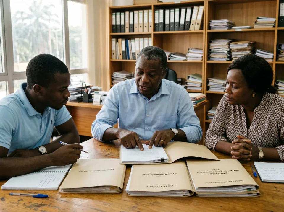 Dans un bureau lumineux d'un ministère à Abidjan, un directeur et deux collègues examinent des dossiers papier étalés sur une grande table de réunion.