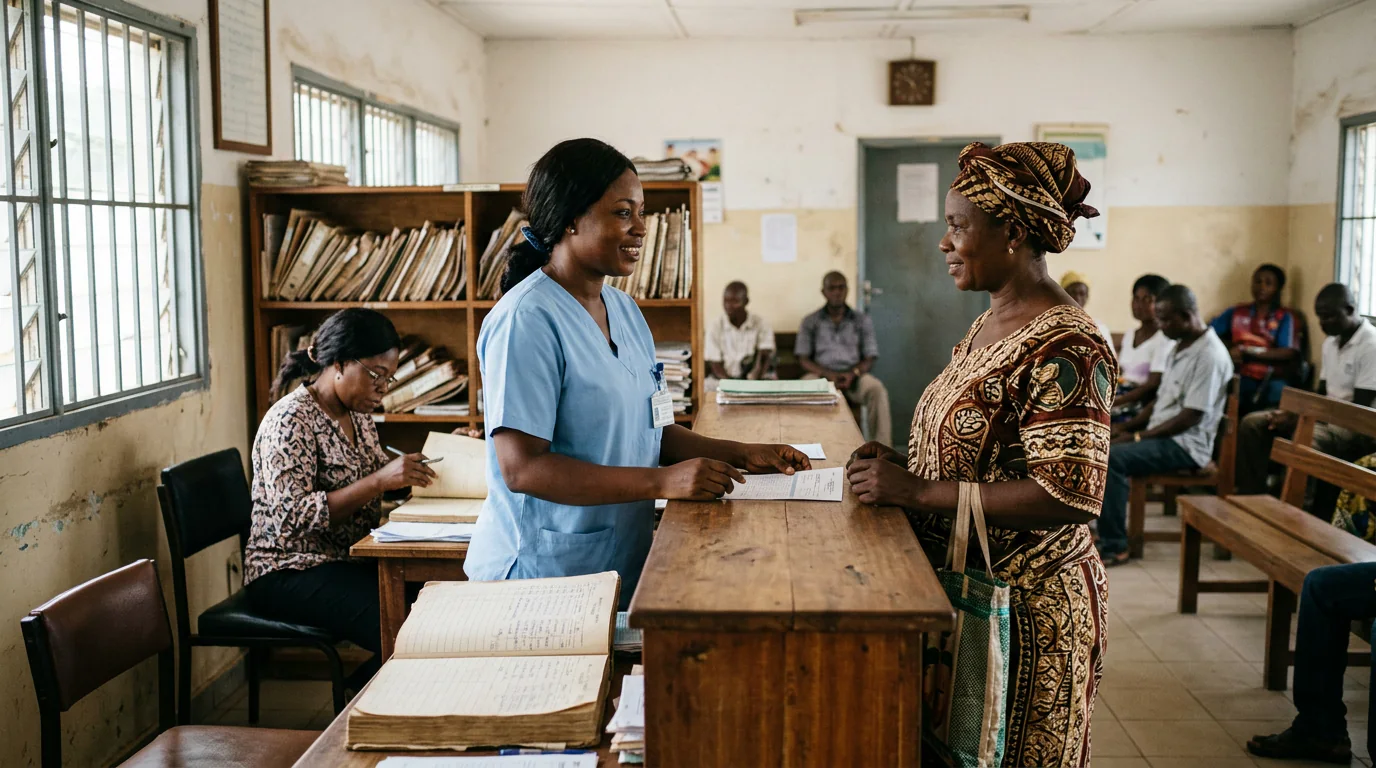 Dans un centre de santé d'Abidjan, une infirmière aide une patiente à l'accueil tandis qu'un agent administratif consulte un registre papier derrière le comptoir.