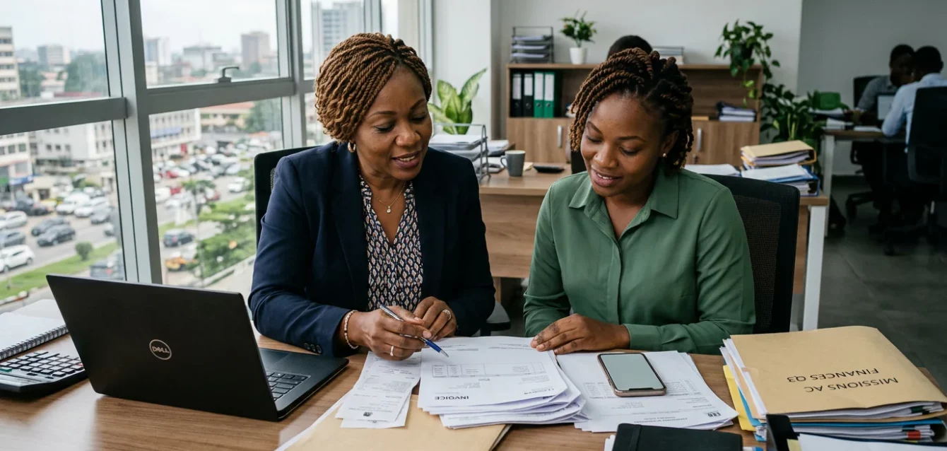 Une associée ivoirienne et sa responsable administrative examinent des factures et un téléphone dans un bureau lumineux du Plateau, à Abidjan. Une associée ivoirienne et sa responsable administrative examinent des factures et un téléphone dans un bureau lumineux du Plateau, à Abidjan.