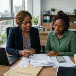 Une associée ivoirienne et sa responsable administrative examinent des factures et un téléphone dans un bureau lumineux du Plateau, à Abidjan.