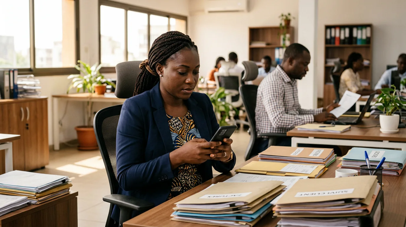 Une responsable administrative ivoirienne envoie une relance depuis son téléphone à son bureau, entourée de dossiers de mission.