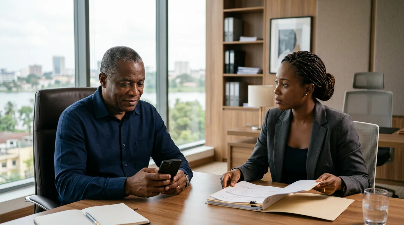 Un directeur financier ivoirien consulte son téléphone dans un bureau d'Abidjan, face à une consultante venue faire le point sur une facture.