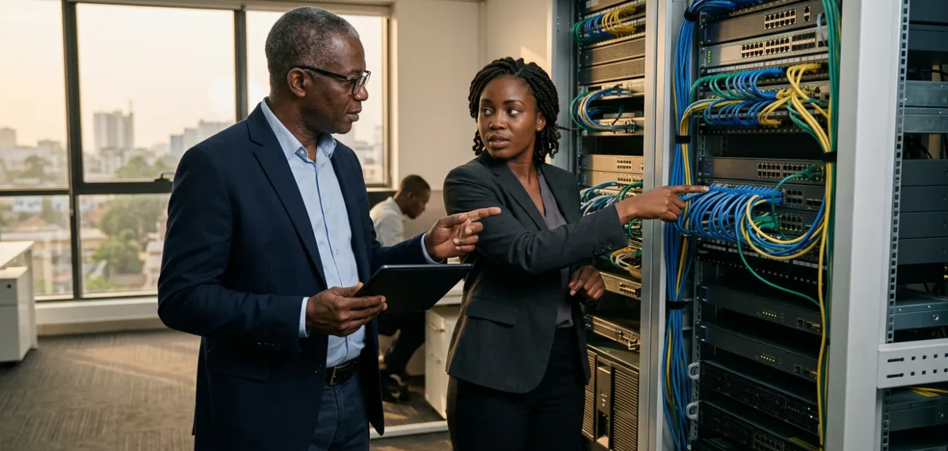 Deux professionnels ivoiriens de la cybersécurité examinent des équipements réseau dans un bureau d'Abidjan baigné de lumière naturelle.