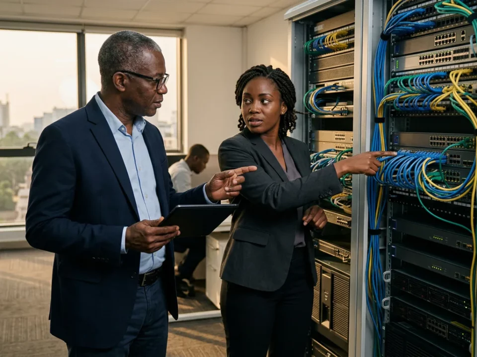 Deux professionnels ivoiriens de la cybersécurité examinent des équipements réseau dans un bureau d'Abidjan baigné de lumière naturelle.