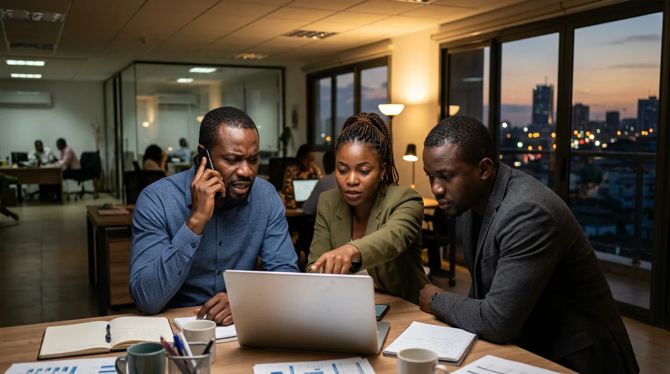 Dans un bureau d'Abidjan, une équipe informatique réagit à une alerte de sécurité tard le soir, autour d'un ordinateur portable.