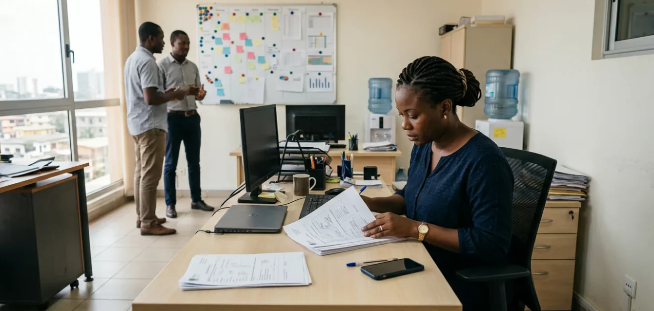 Dans un bureau d'une PME à Abidjan, une responsable administrative ivoirienne consulte des dossiers de congés tandis que des collègues travaillent en arrière-plan.