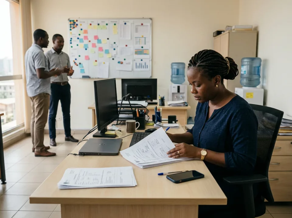 Dans un bureau d'une PME à Abidjan, une responsable administrative ivoirienne consulte des dossiers de congés tandis que des collègues travaillent en arrière-plan.