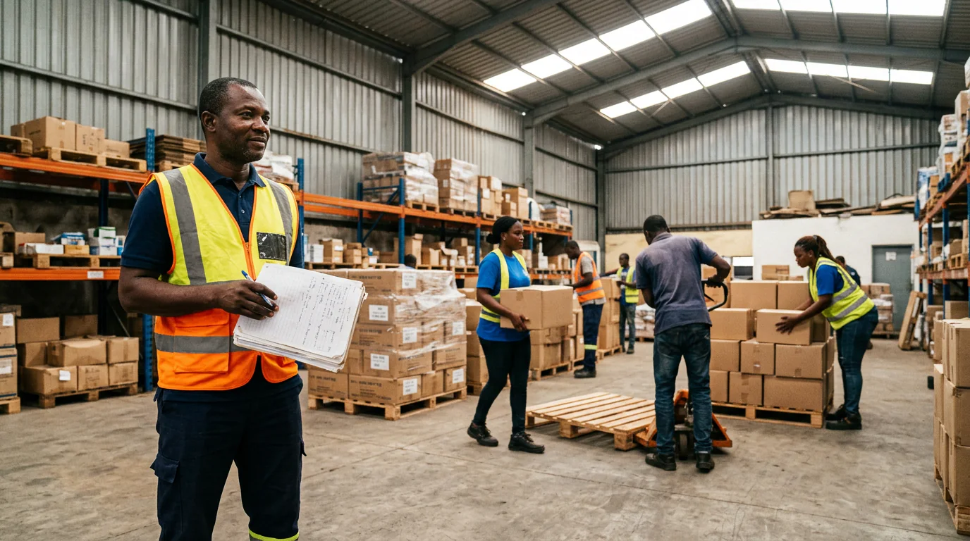 Dans un entrepôt d'Abidjan, un superviseur ivoirien vérifie le planning de présence de son équipe avant le démarrage du travail.