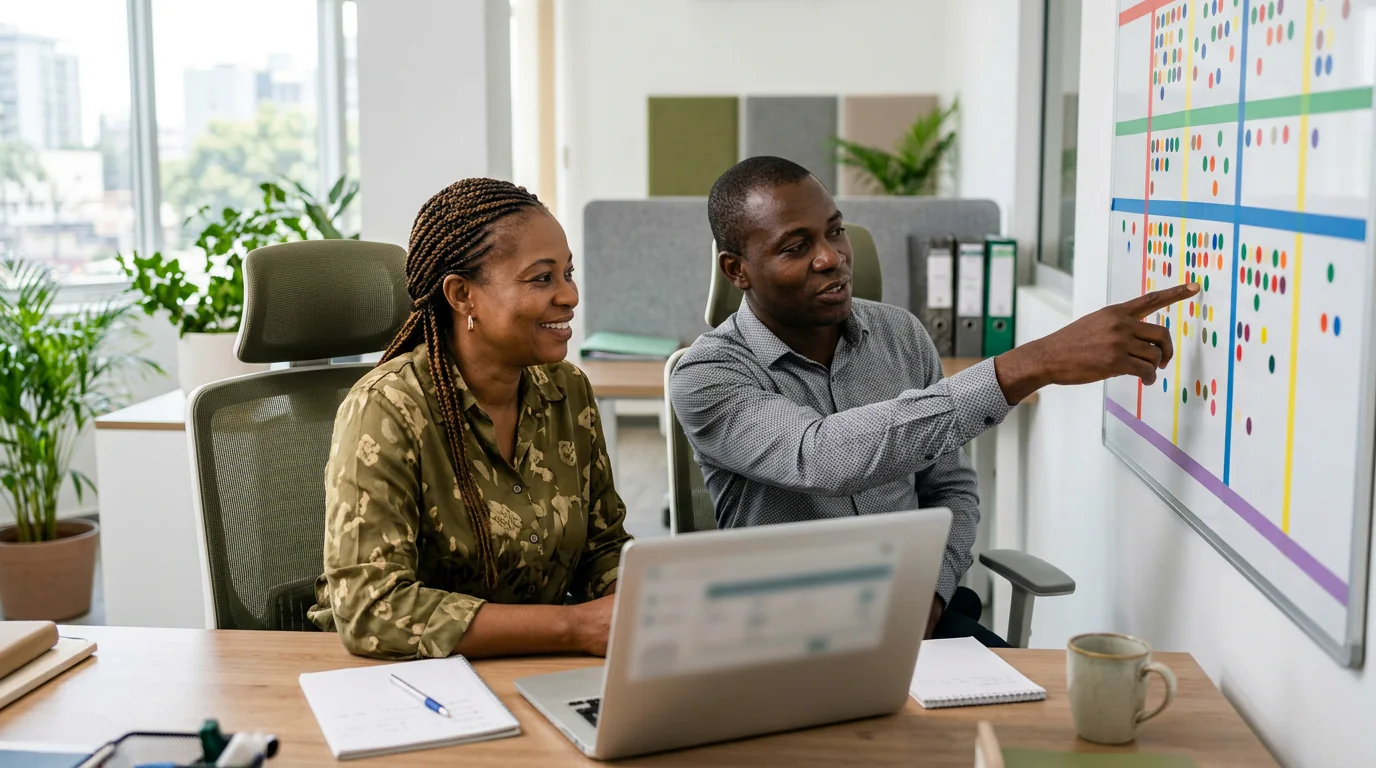 Deux collègues ivoiriens échangent devant un écran d'ordinateur dont l'interface reste floue, dans un bureau lumineux d'Abidjan.