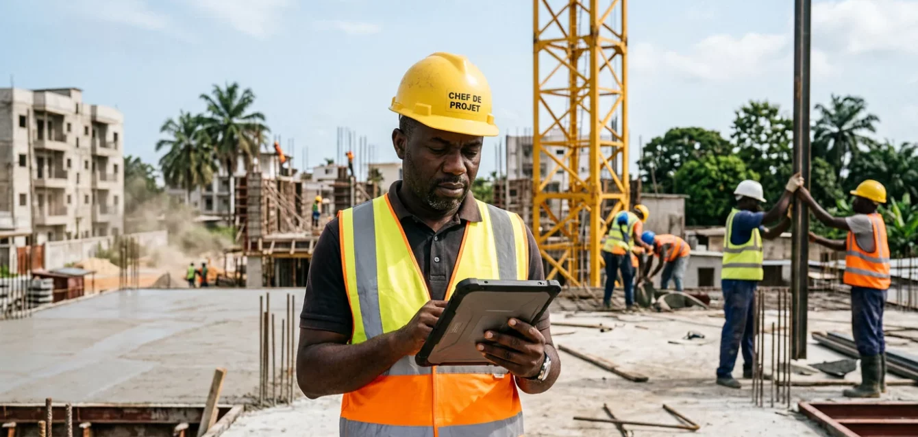 Chef de projet ivoirien consultant un planning sur tablette devant une grue et une dalle en construction à Abidjan.