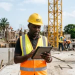Chef de projet ivoirien consultant un planning sur tablette devant une grue et une dalle en construction à Abidjan.