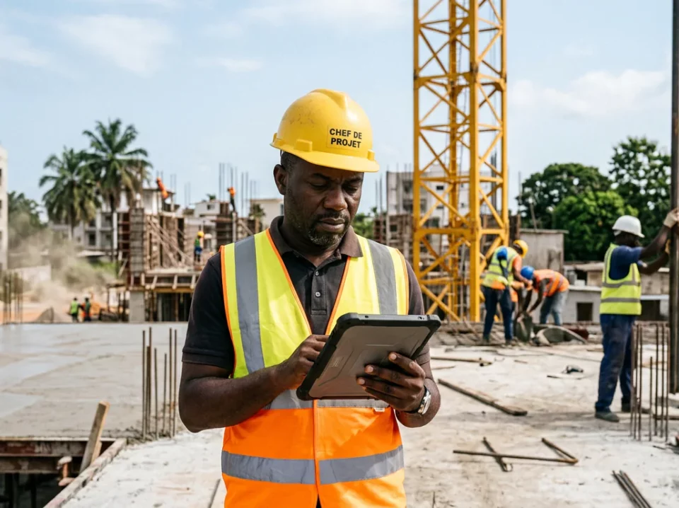 Chef de projet ivoirien consultant un planning sur tablette devant une grue et une dalle en construction à Abidjan.