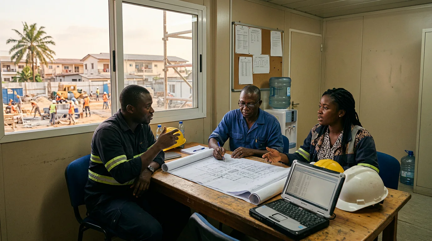 Réunion de coordination entre un conducteur de travaux et deux collègues africains autour d'une table dans un bureau de chantier à Abidjan.