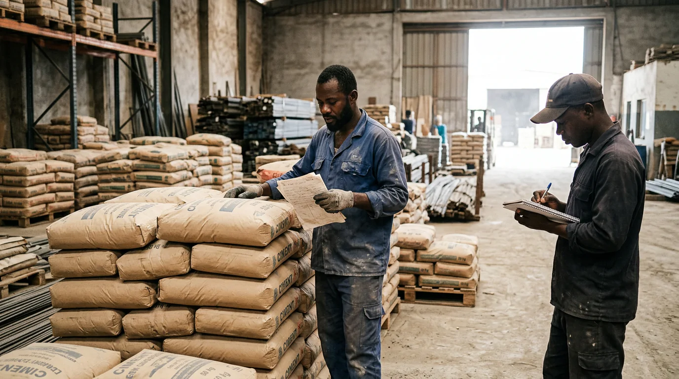 Magasinier ivoirien vérifiant des sacs de ciment dans un entrepôt de matériaux de construction à Abidjan.