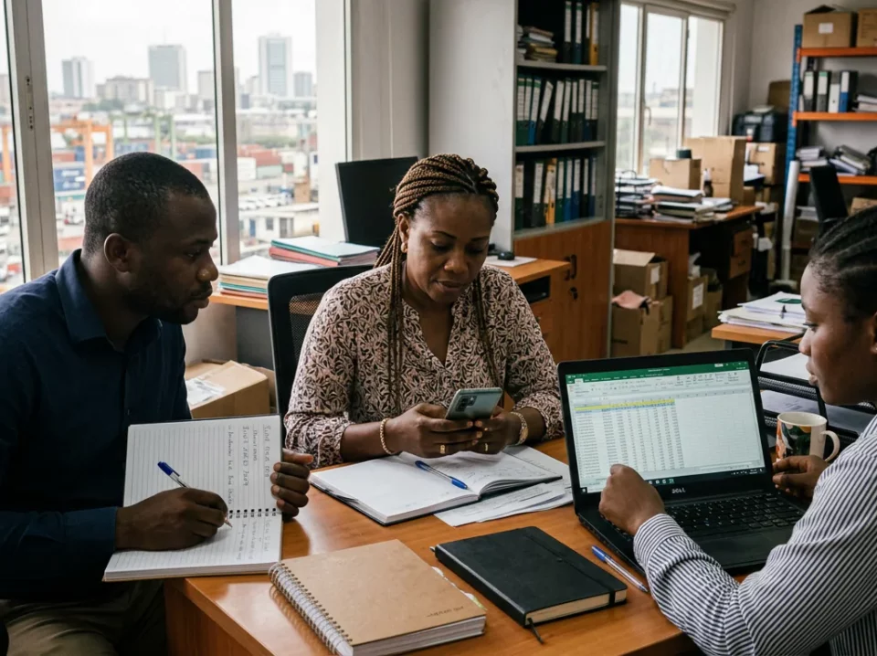 Illustration de la situation decrite : Trois cahiers, deux groupes WhatsApp et un fichier « STOCK FINAL v3 »