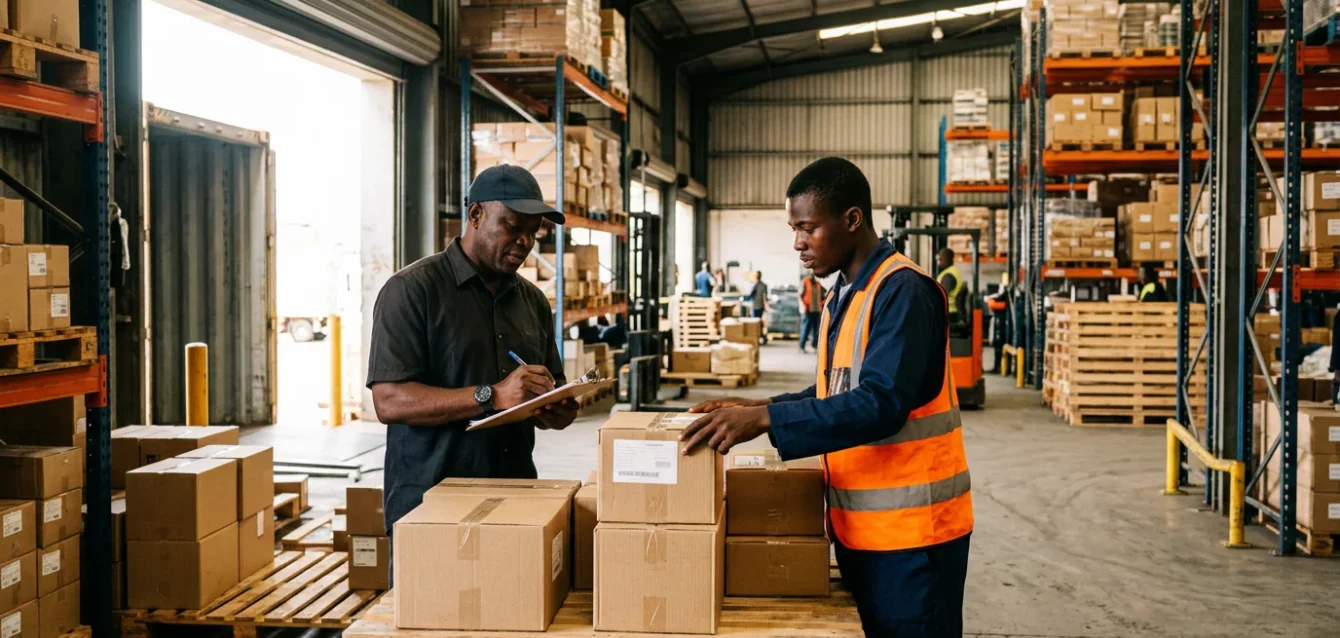 Dans un entrepôt d'Abidjan, un responsable ivoirien et un magasinier vérifient ensemble des cartons de marchandises posés sur une palette. Dans un entrepôt d'Abidjan, un responsable ivoirien et un magasinier vérifient ensemble des cartons de marchandises posés sur une palette.
