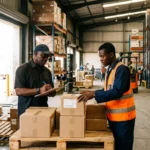 Dans un entrepôt d'Abidjan, un responsable ivoirien et un magasinier vérifient ensemble des cartons de marchandises posés sur une palette.