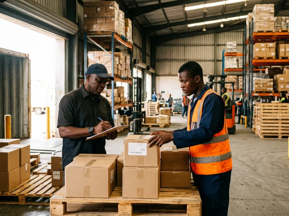 Dans un entrepôt d'Abidjan, un responsable ivoirien et un magasinier vérifient ensemble des cartons de marchandises posés sur une palette.