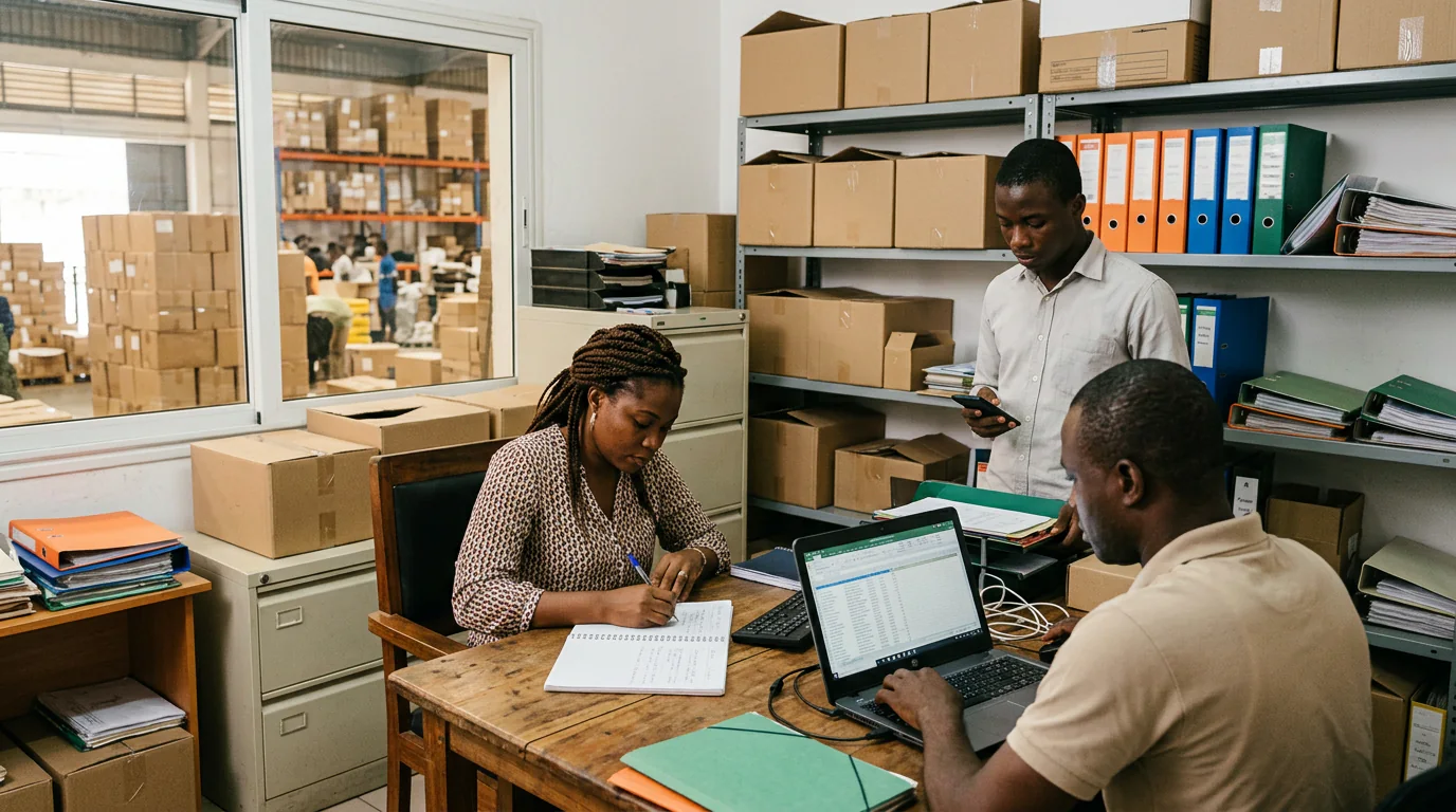 Dans un bureau d'entrepôt à Abidjan, trois employés consultent séparément un cahier, un ordinateur et un téléphone pour gérer les stocks.