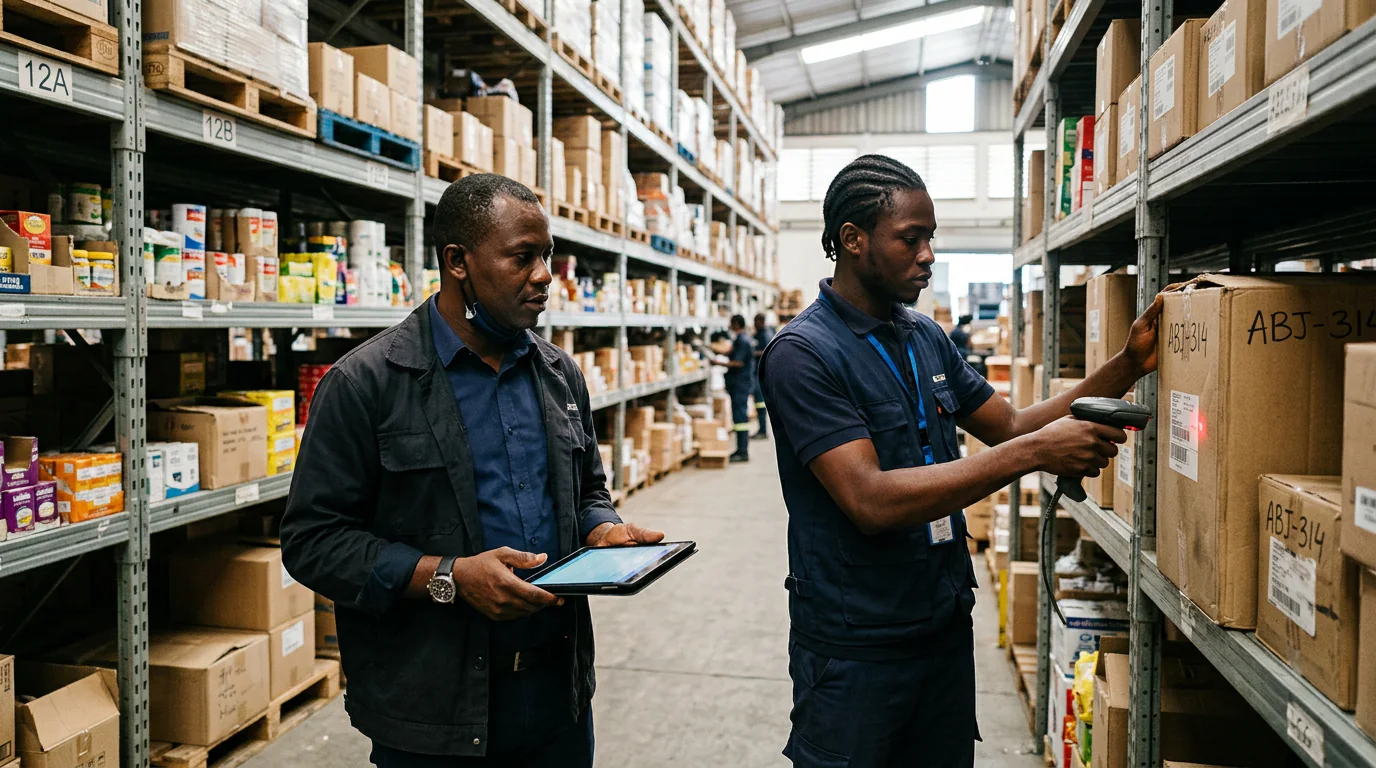 Dans un entrepôt d'Abidjan, un gestionnaire muni d'une tablette et d'un lecteur de codes-barres contrôle les références en rayon avec un magasinier.