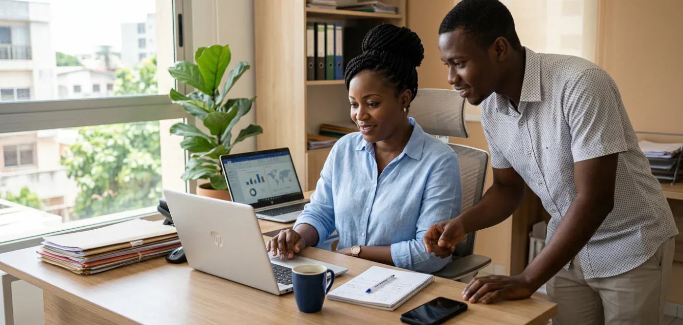 Responsable des ressources humaines ivoirienne examinant des candidatures reçues sur ordinateur dans un bureau lumineux d'Abidjan. Responsable des ressources humaines ivoirienne examinant des candidatures reçues sur ordinateur dans un bureau lumineux d'Abidjan.