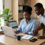 Responsable des ressources humaines ivoirienne examinant des candidatures reçues sur ordinateur dans un bureau lumineux d'Abidjan.