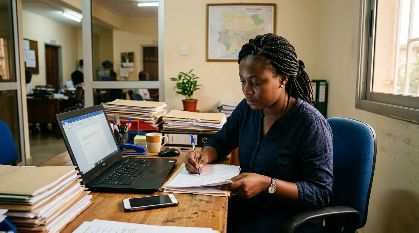 Assistante administrative ivoirienne triant des dossiers de candidature papier et consultant sa boîte mail dans un bureau d'Abidjan.