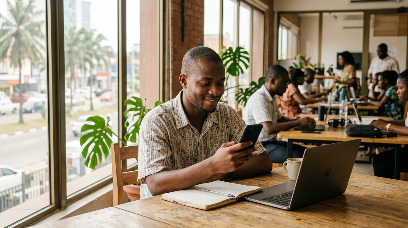 Jeune candidat ivoirien souriant consultant une convocation à un entretien sur son téléphone dans un espace de coworking d'Abidjan.