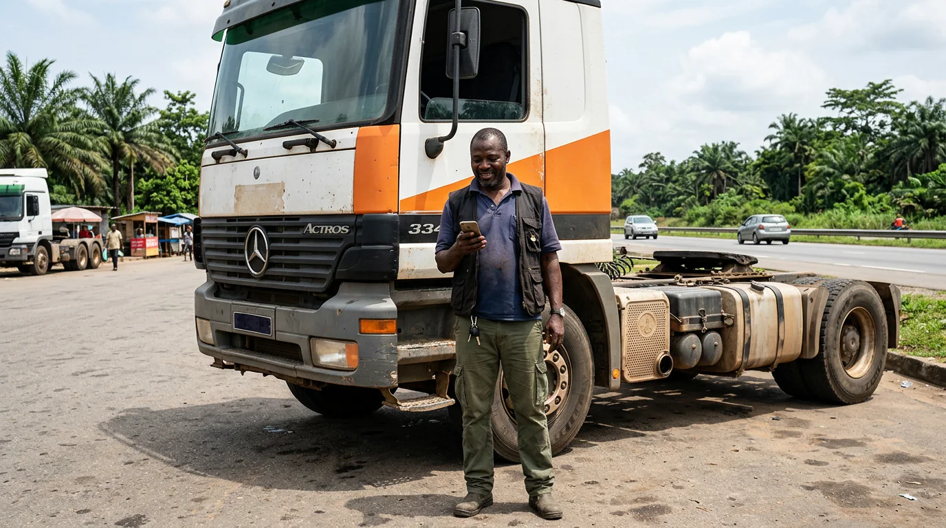 Un chauffeur de poids lourd ivoirien debout devant son camion arrêté sur une aire de repos le long d'un corridor routier en Côte d'Ivoire.