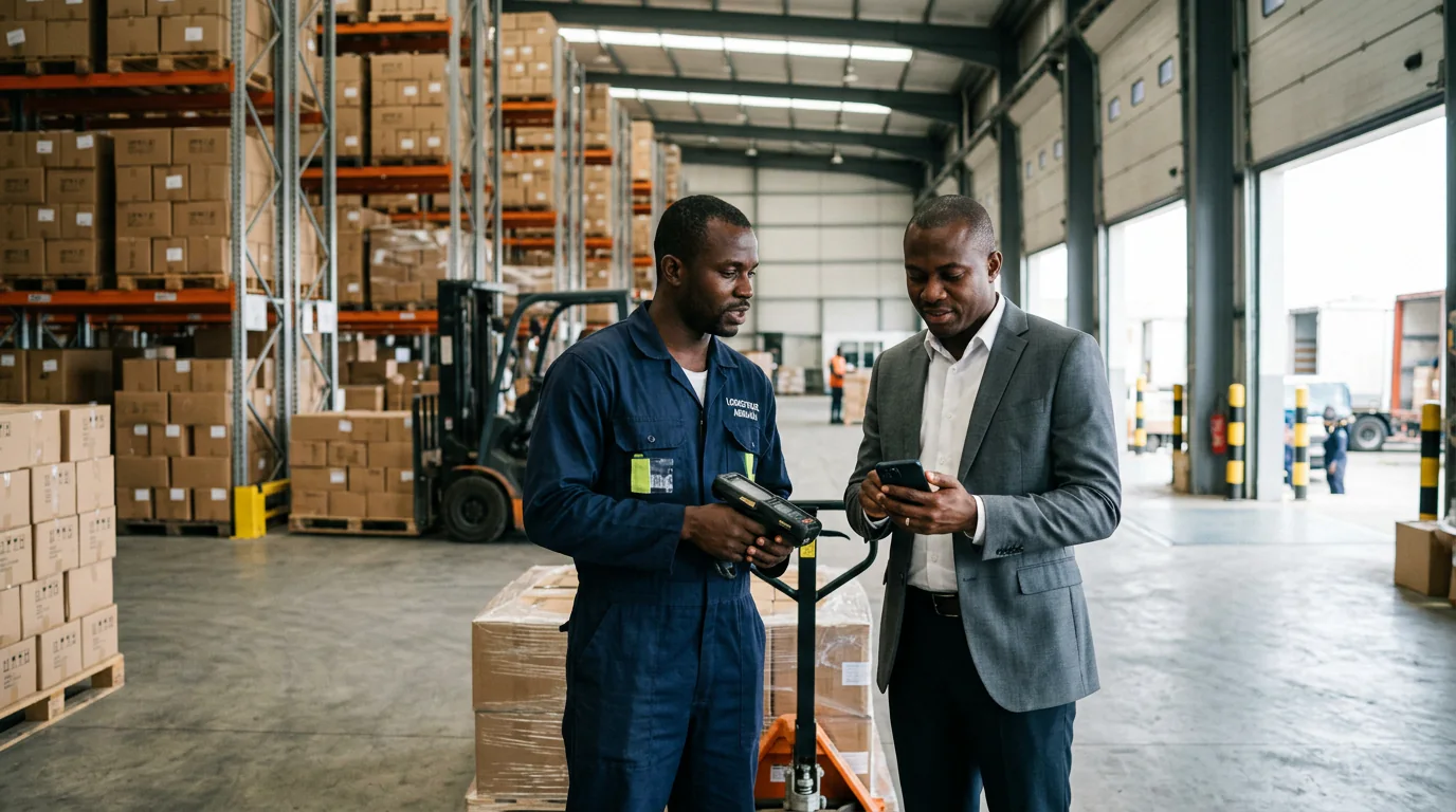 Un magasinier vérifie des colis dans un entrepôt de stockage à Abidjan pendant qu'un client confirme une réception de marchandise.